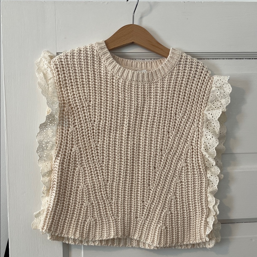Zara Cream Crochet Knit Sleeveless Top with Eyelet Ruffle